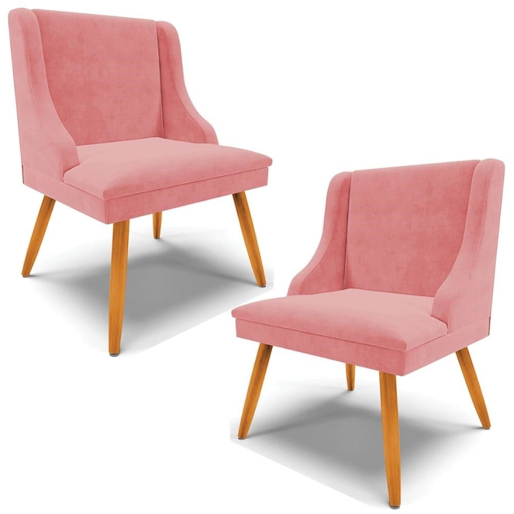 Kit 2 Cadeiras Decorativas Sala de Jantar Pes Palito de Madeira Firenze Suede Rose/Natural