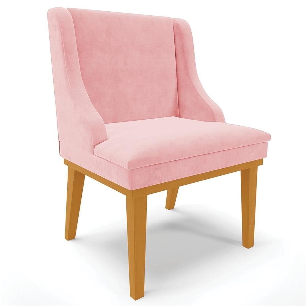 Cadeira Decorativa Sala de Jantar Base Fixa de Madeira Firenze Suede Rosa Bebê/Castanho G1