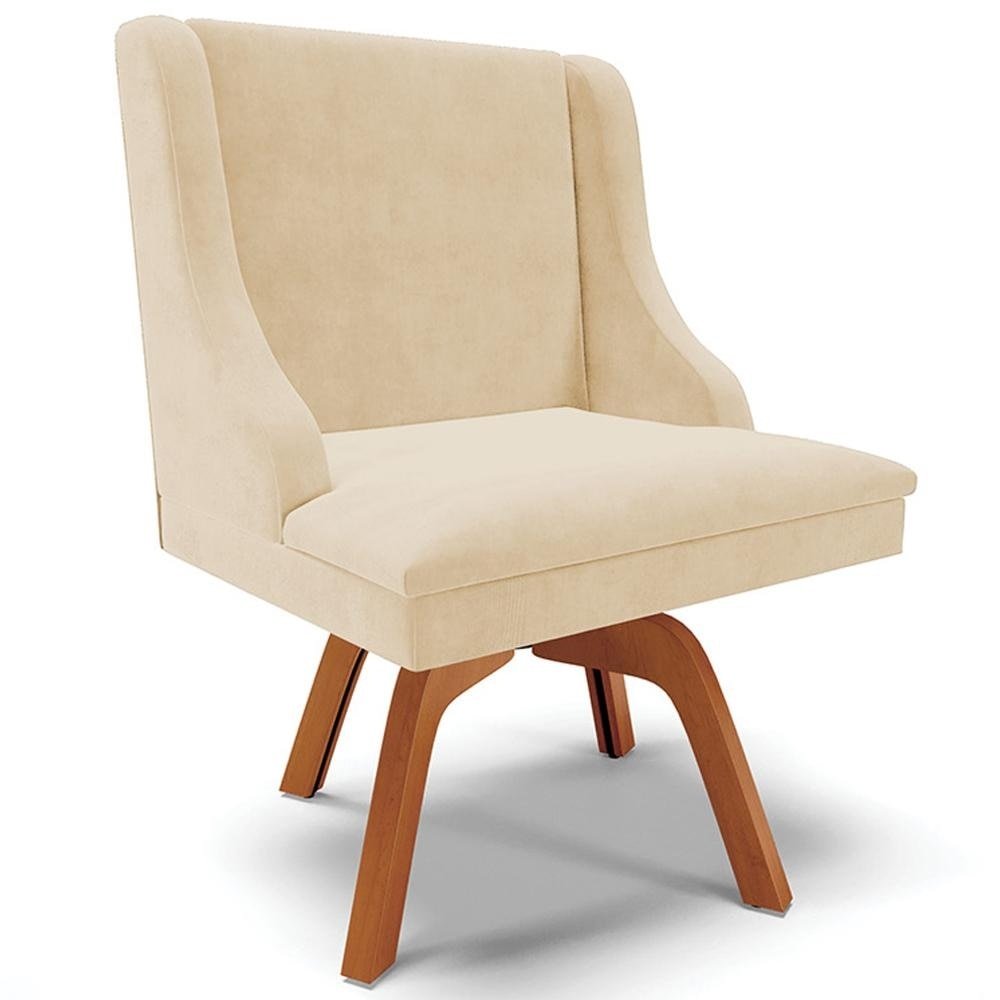 Cadeira Decorativa Sala de Jantar Base Giratória de Madeira Firenze Suede Bege/Natural