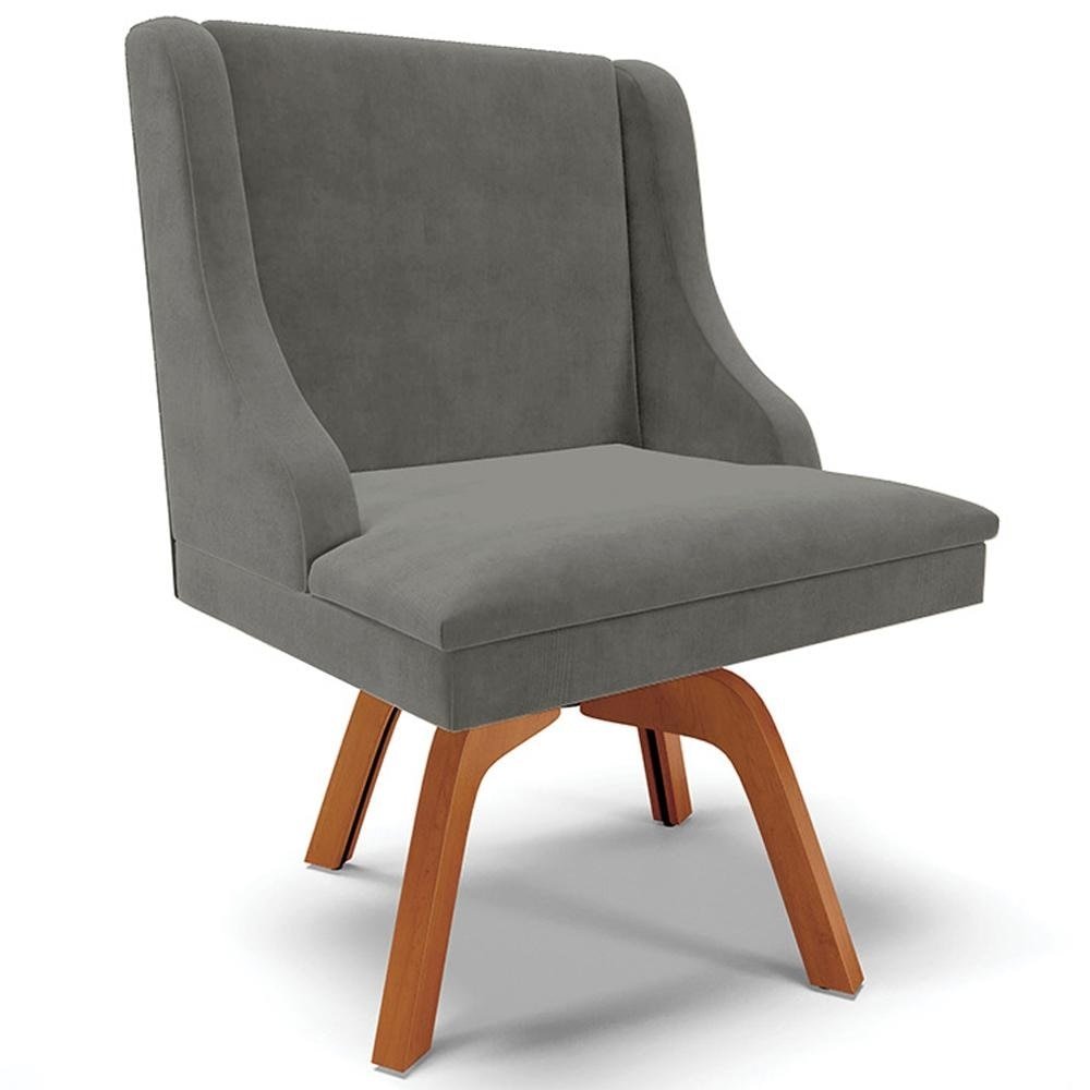 Cadeira Decorativa Sala de Jantar Base Giratória de Madeira Firenze Suede Grafite/Natural