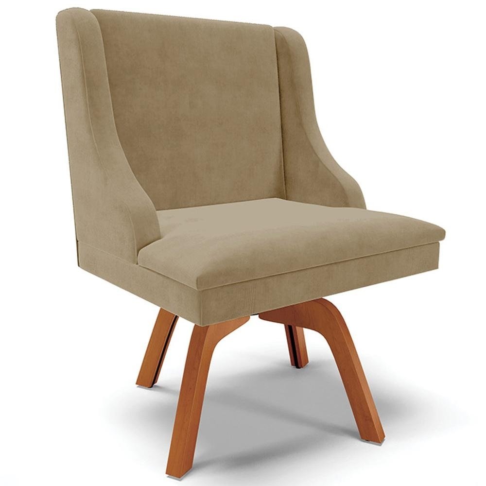 Cadeira Decorativa Sala de Jantar Base Giratória de Madeira Firenze Suede Nude/Natural