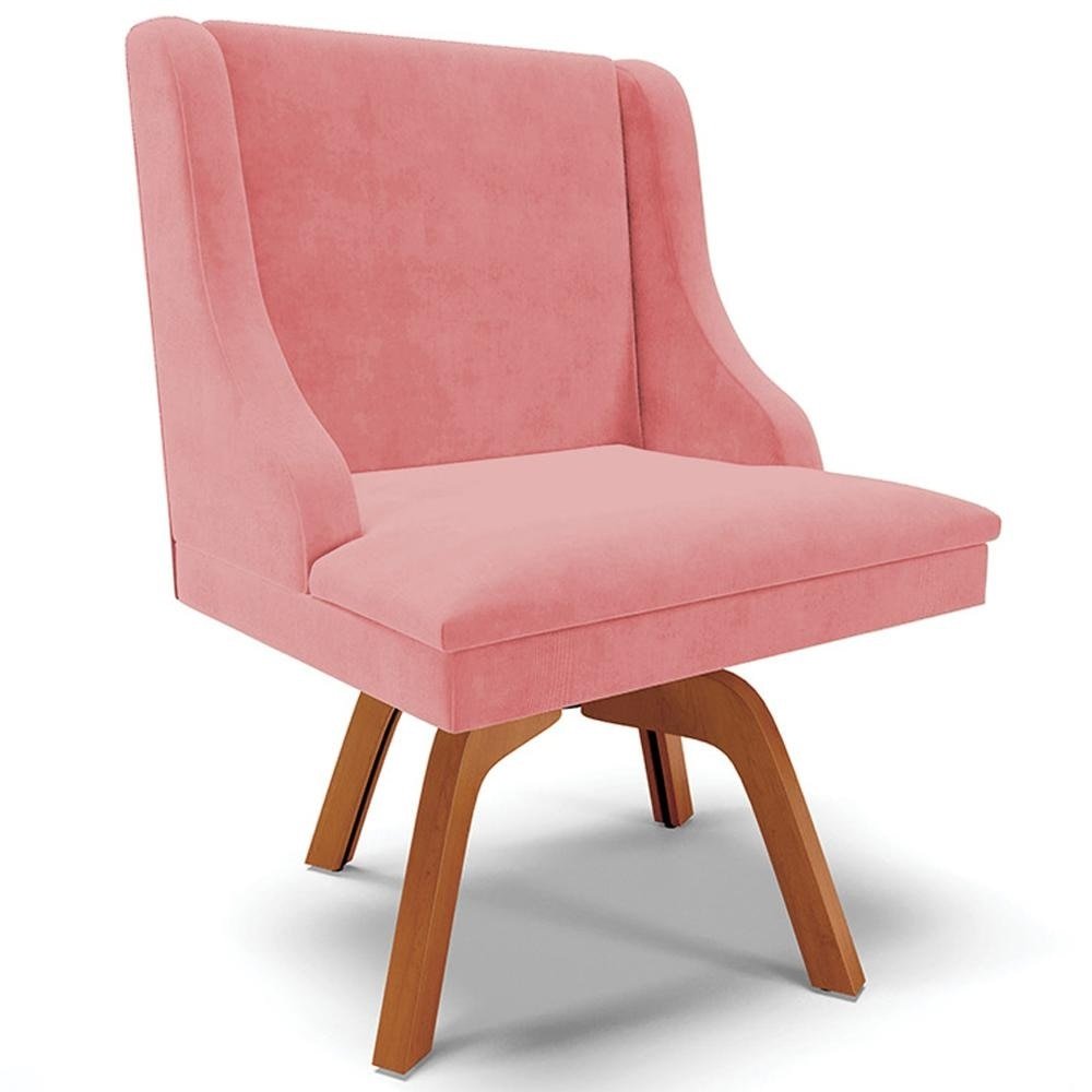 Cadeira Decorativa Sala de Jantar Base Giratória de Madeira Firenze Suede Rosê/Natural