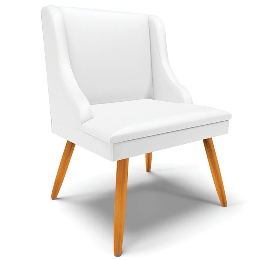 Cadeira Decorativa Sala de Jantar Pés Palito de Madeira Firenze PU Branco Fosco/Natural