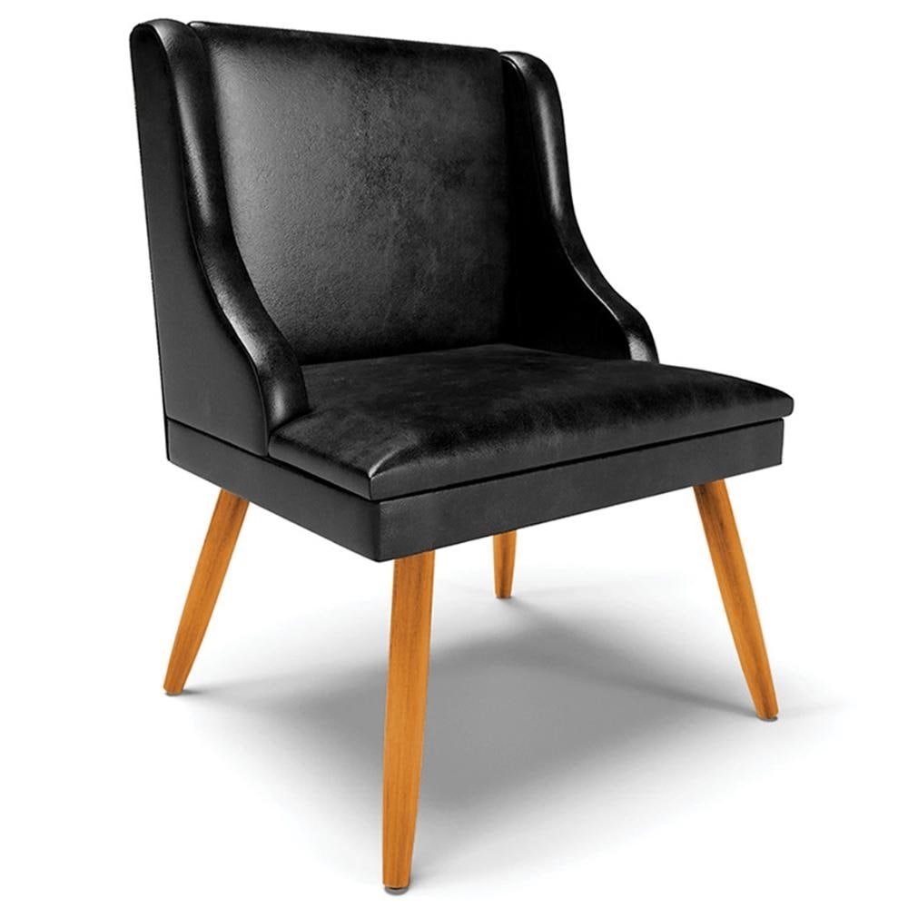 Cadeira Decorativa Sala de Jantar Pés Palito de Madeira Firenze PU Preto Brilho/Natural