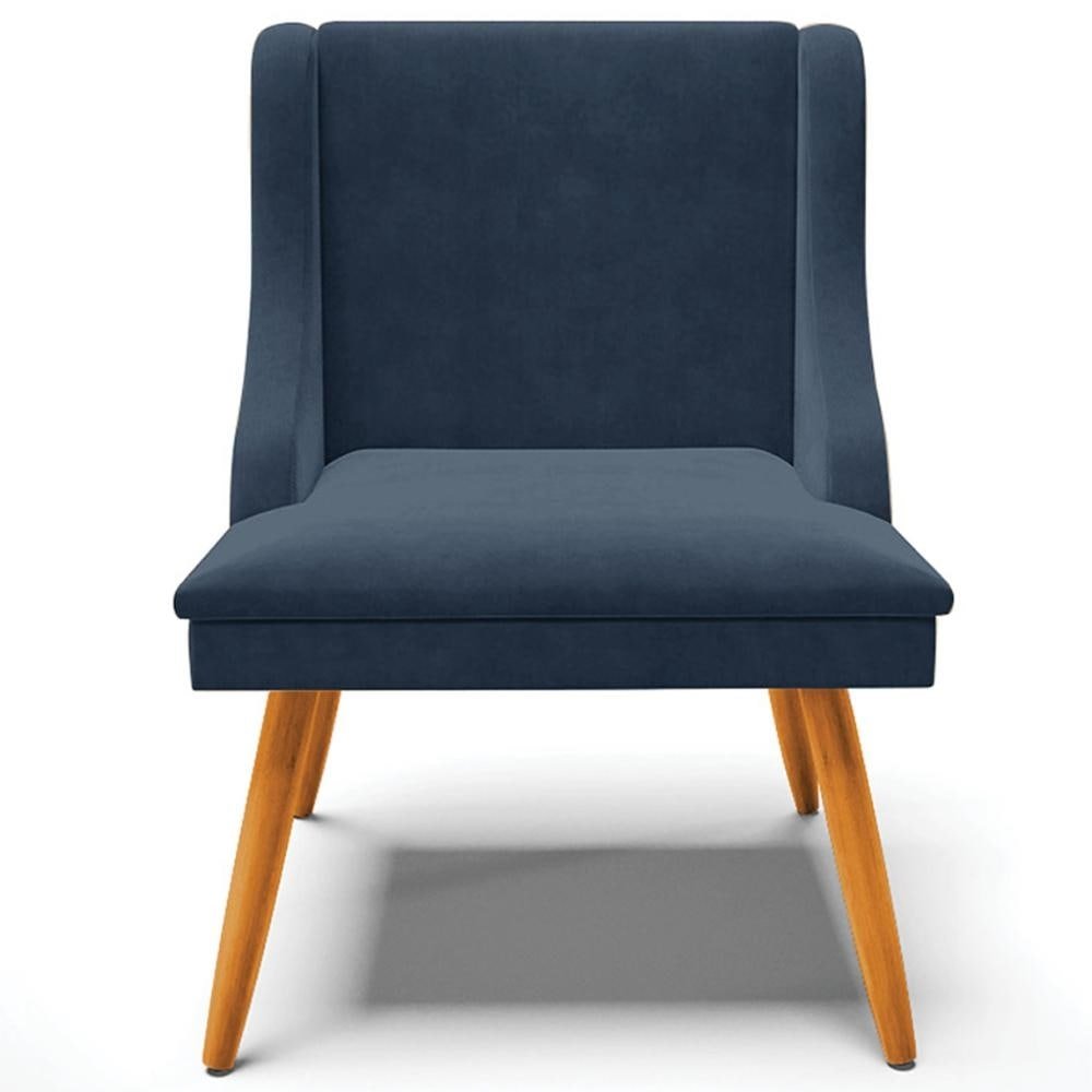Cadeira Decorativa Sala de Jantar Pés Palito de Madeira Firenze Suede Azul Marinho/Natural