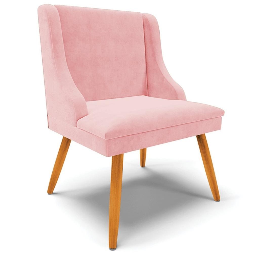 Cadeira Decorativa Sala de Jantar Pés Palito de Madeira Firenze Suede Rosa Bebê/Natural