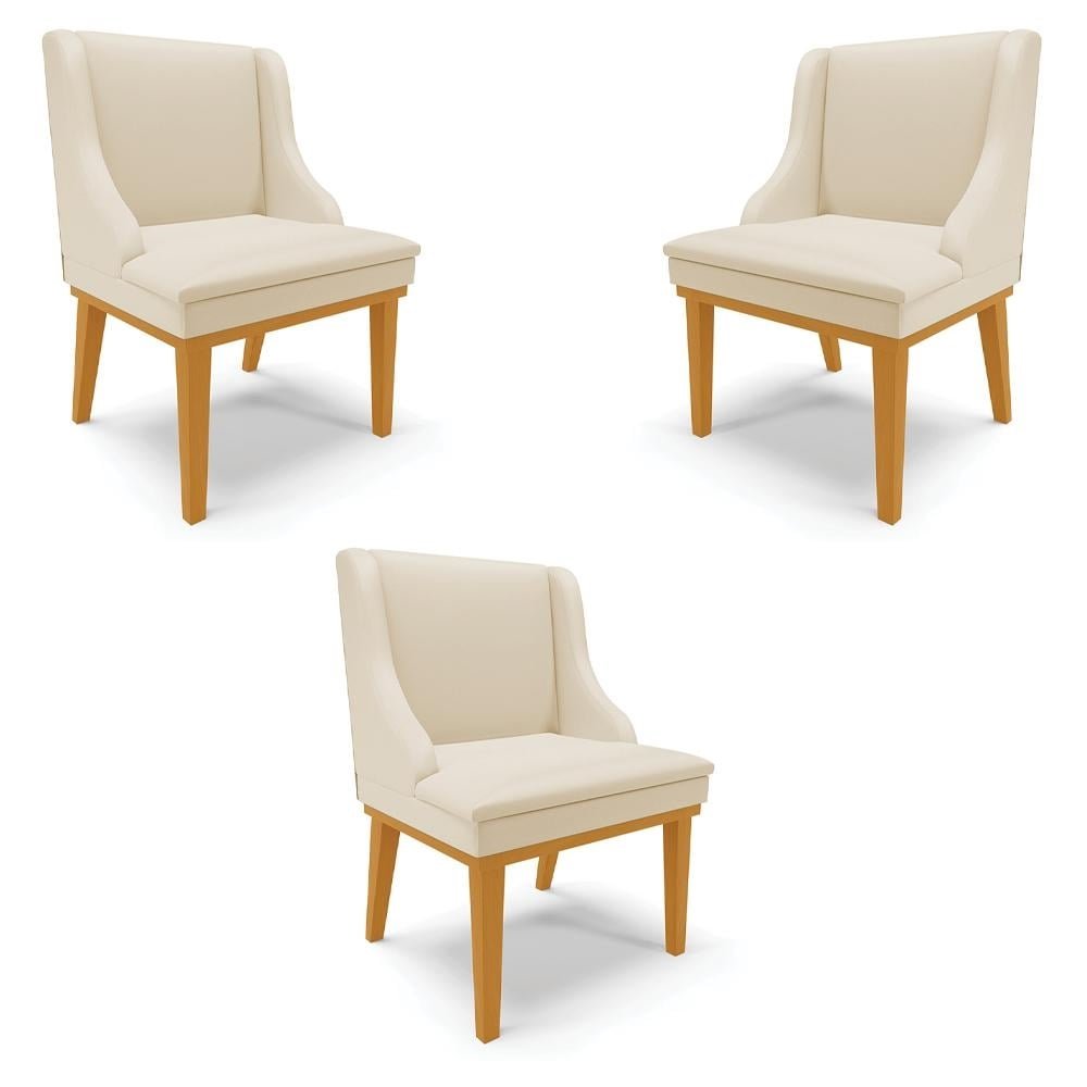 Kit 3 Cadeiras Decorativas Sala de Jantar Base Fixa de Madeira Firenze PU Bege/Castanho G1