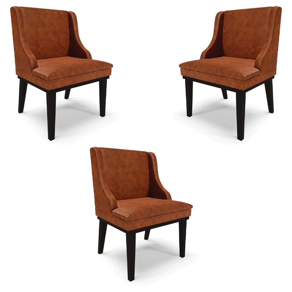 Kit 3 Cadeiras Decorativas Sala de Jantar Base Fixa de Madeira Firenze PU Nozes/Preto G19