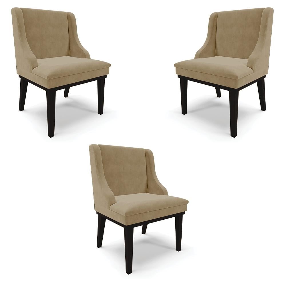 Kit 3 Cadeiras Decorativas Sala de Jantar Base Fixa de Madeira Firenze Suede Nude/Preto G1