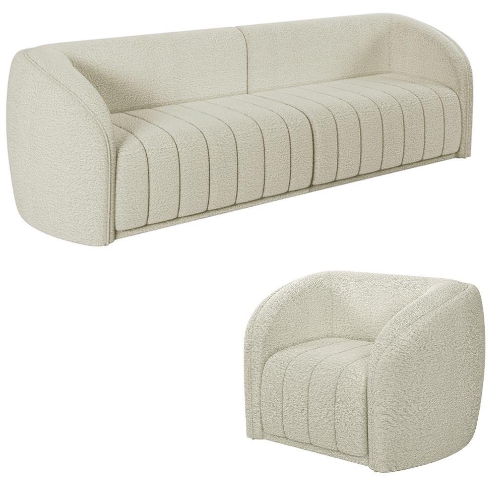 Conjunto Sala de Estar Sofa 252cm 3 Lugares e Poltrona Adam Boucle Off White G45 - Gran Be