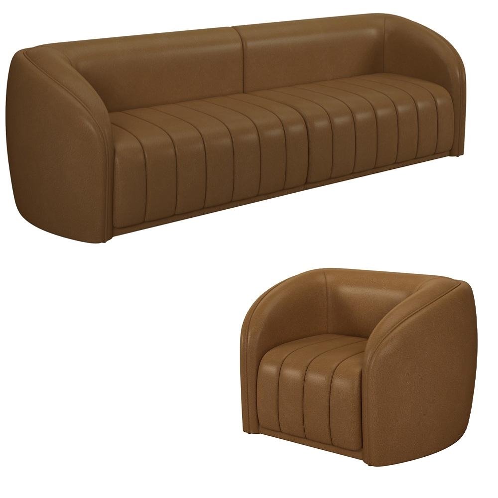 Conjunto Sala de Estar Sofa 252cm 3 Lugares e Poltrona Adam PU Caramelo G45 - Gran Belo