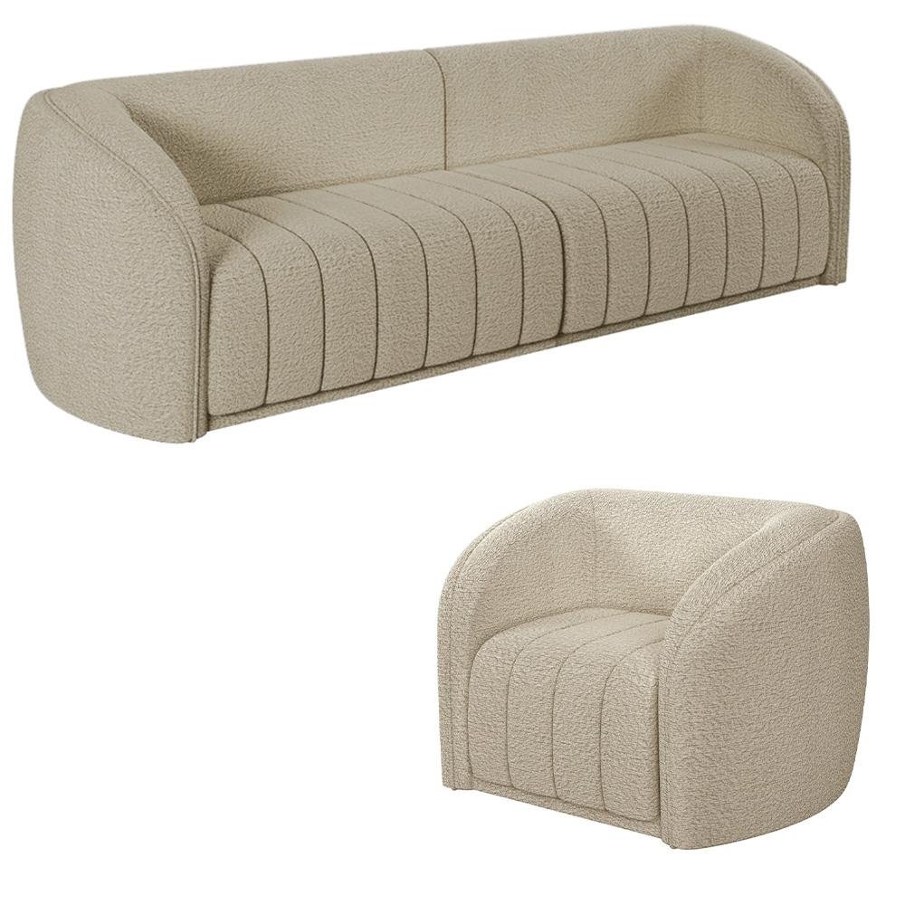 Conjunto Sala de Estar Sofa 332cm 4 Lugares e Poltrona Adam Boucle Bege G45 - Gran Belo