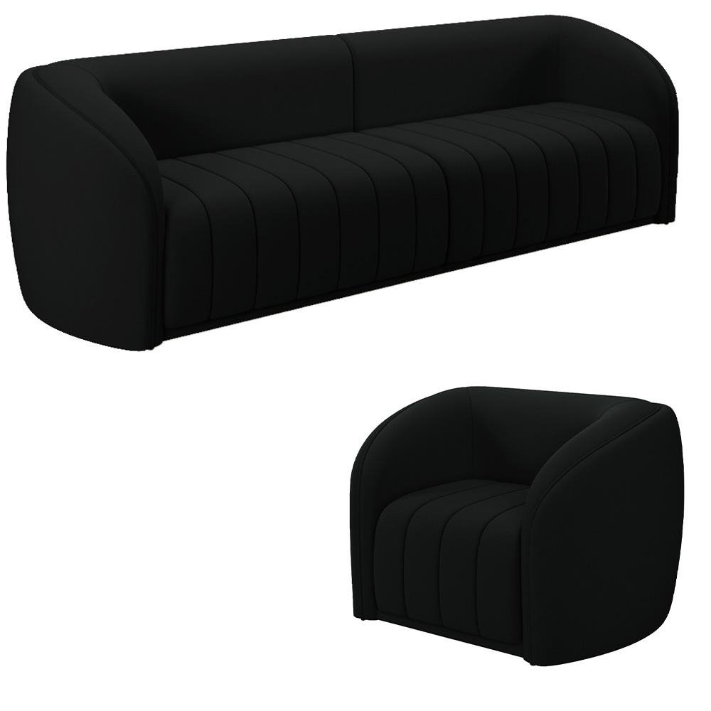 Conjunto Sala de Estar Sofa 252cm 3 Lugares e Poltrona Adam Veludo Preto G45 - Gran Belo
