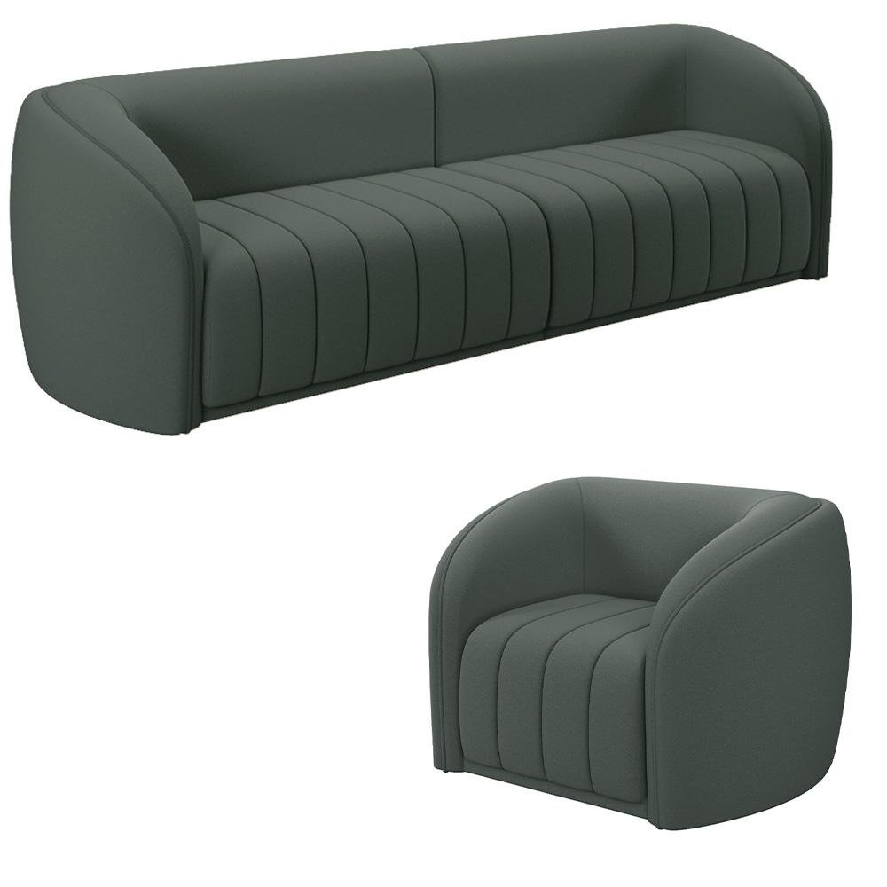 Conjunto Sala de Estar Sofa 252cm 3 Lugares e Poltrona Adam Veludo Cinza G45 - Gran Belo