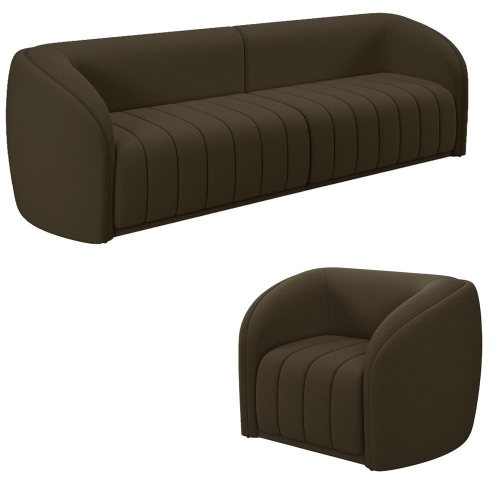 Conjunto Sala de Estar Sofa 292cm 4 Lugares e Poltrona Adam Veludo Marrom G45 - Gran Belo
