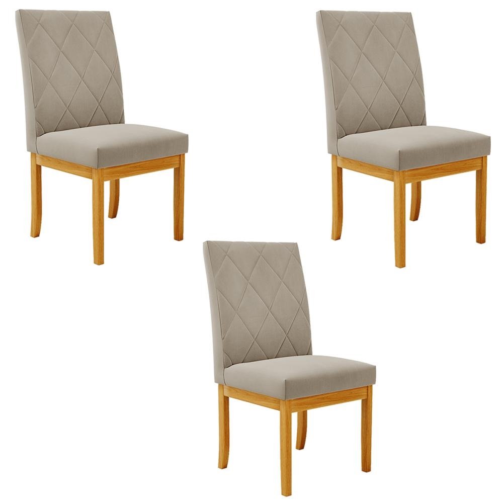 Kit 3 Cadeiras de Sala de Jantar Estofadas Gomes Madeira Macica Suede Bege G78 - Gran Belo