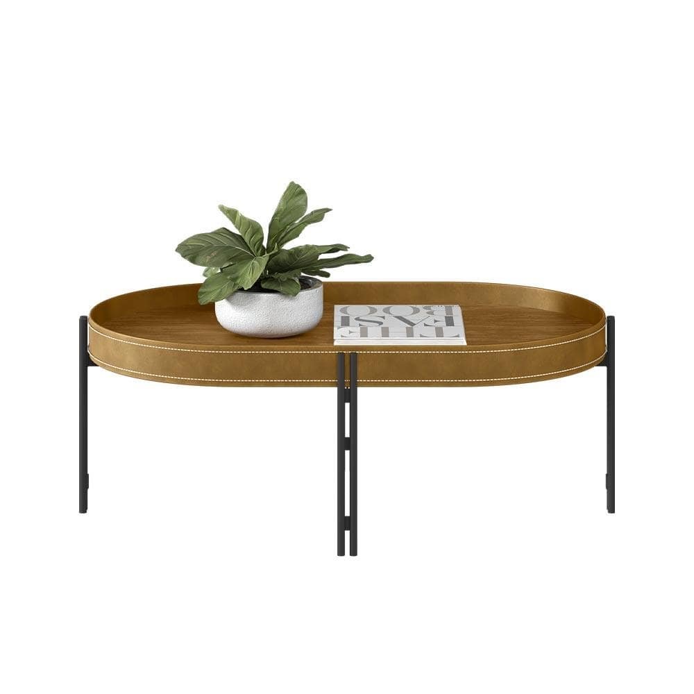 Mesa de Centro Decorativo Grimaldi Base Aço com Detalhe em Couro Caramelo/Preto G77 - Gran