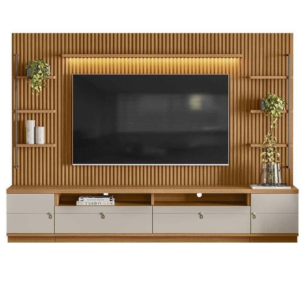 Estante Home Ripado 268cm Aloha para TV ate 75 Nature/Off WHite G77 - Gran Belo