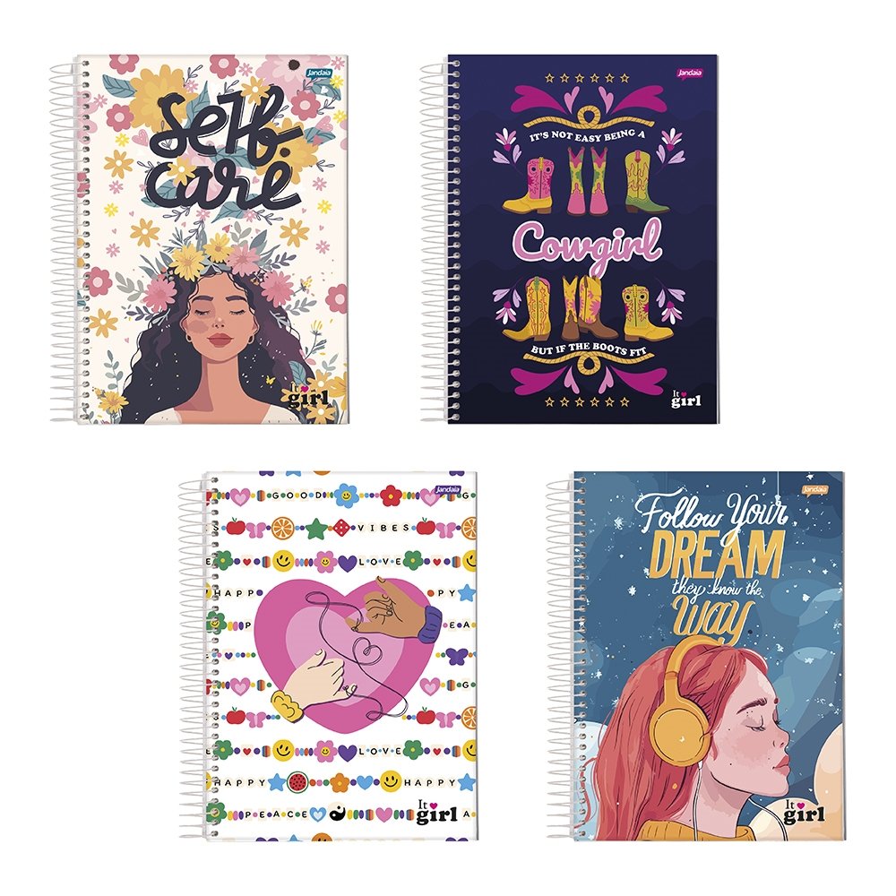 Caderno Espiral Jandaia Capa Dura Universitário It Girl 10 Matérias 200 Folhas - Embalagem com 4 Unidades (Sortidos)