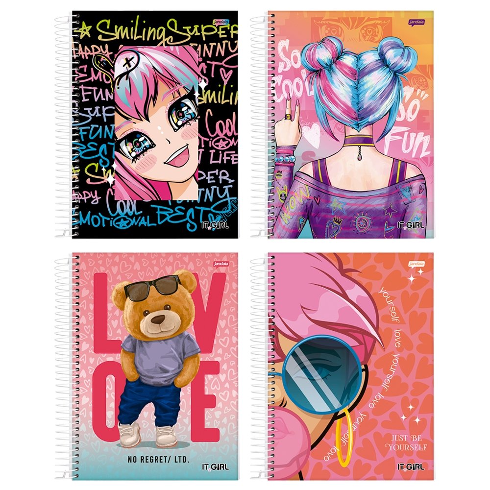 Caderno Espiral Jandaia Capa Dura Universitário It Girl 1 Matéria 96 Folhas - Embalagem 4 Unidades (Sortidos)