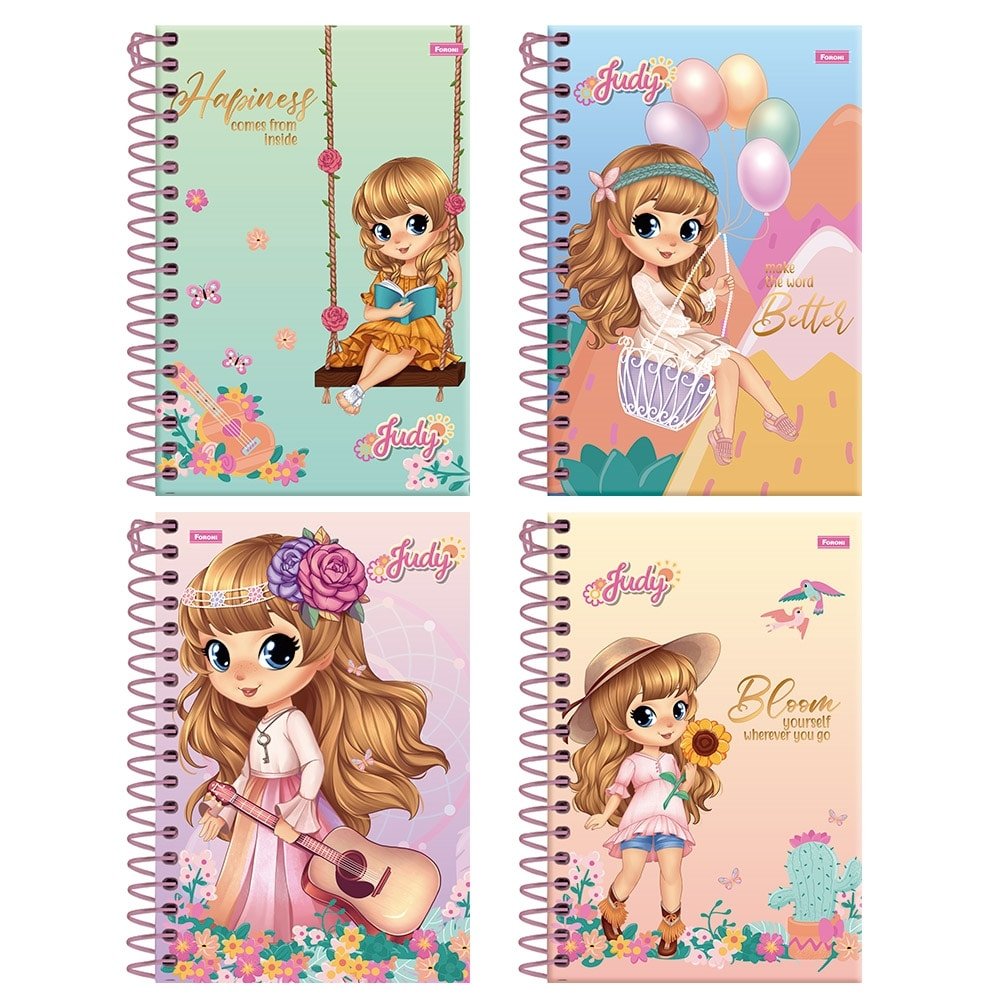 Caderno Espiral Foroni 1/4 Capa Dura Judy 80 Folhas - Embalagem com 5 Unidades
