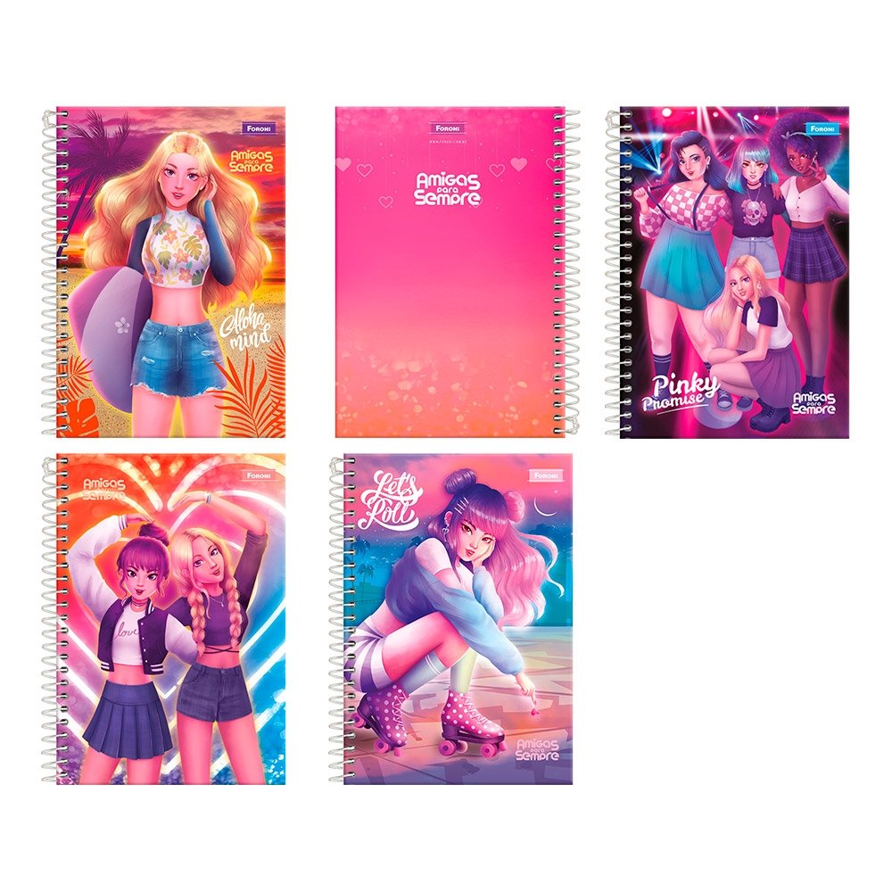 Caderno Espiral Foroni 1/4 Capa Dura Amigas para Sempre 80 Folhas - Embalagem c/ 5 Unidades