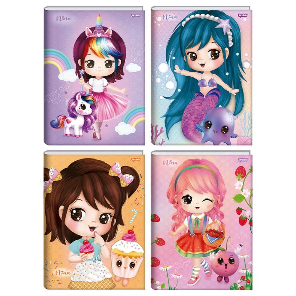 Caderno Costurado Jandaia 1/4 Capa Dura Nina 80 Folhas - Embalagem com 5 Unidades (Sortidos)