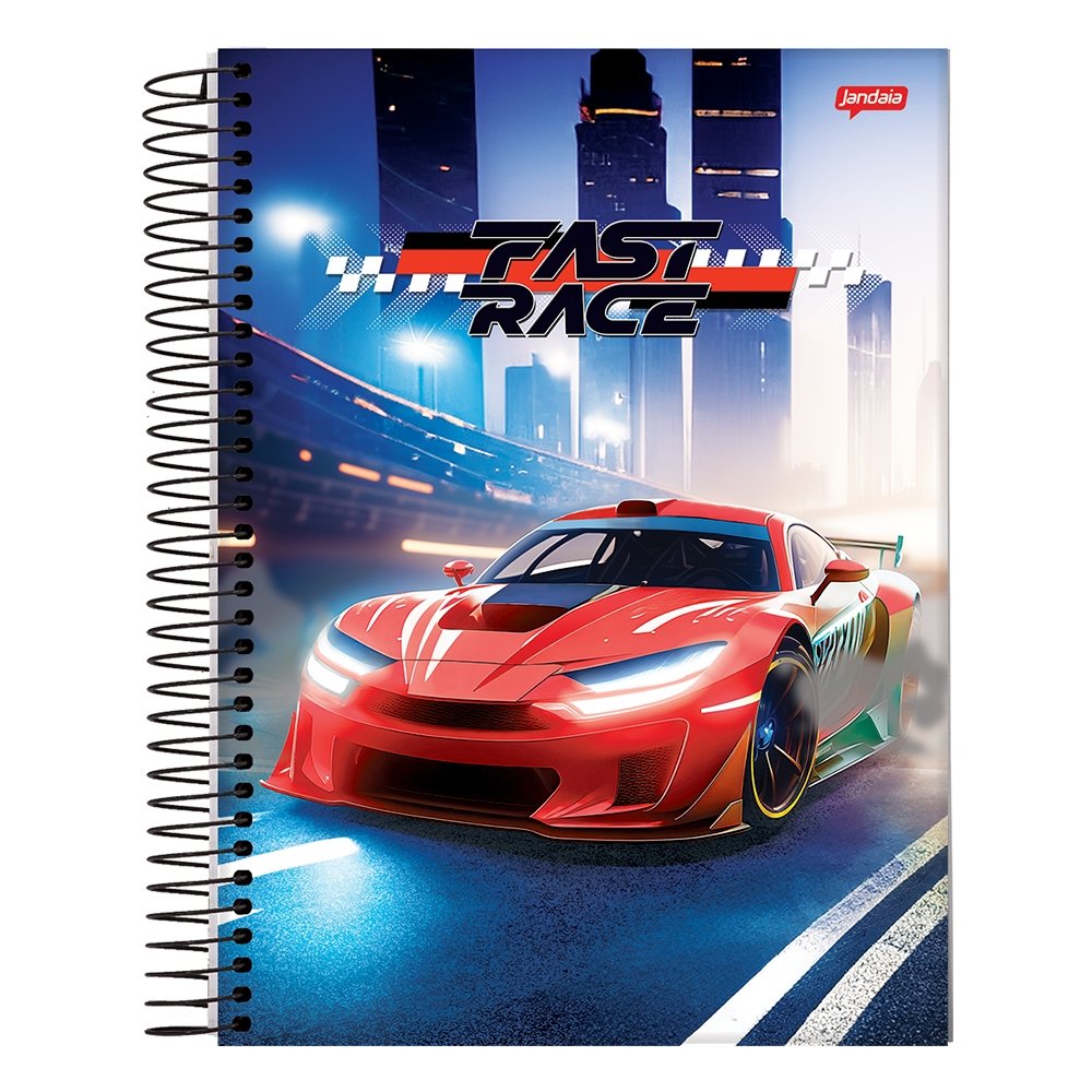 Caderno Espiral Jandaia Universitário Capa Dura Fast Race 10 Matérias 160 Folhas - Embalagem com 4 Unidades