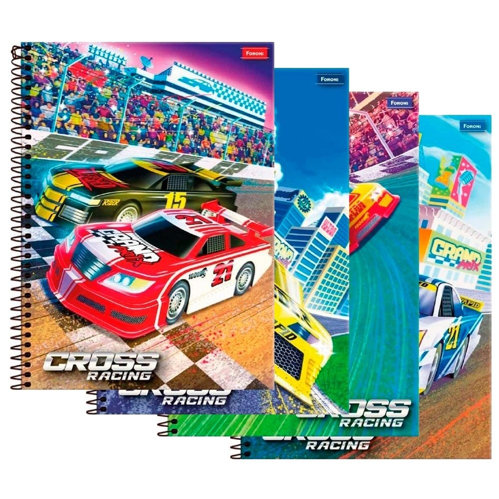 Caderno Espiral Foroni Universitário Capa Dura 10 Matérias Cross Racing 160 Folhas - Embalagem com 4 Unidades