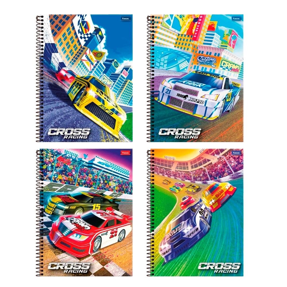 Caderno Espiral Foroni Universitário Capa Dura 15 Matérias Cross Racing 240 Folhas - Embalagem com 2 Unidades