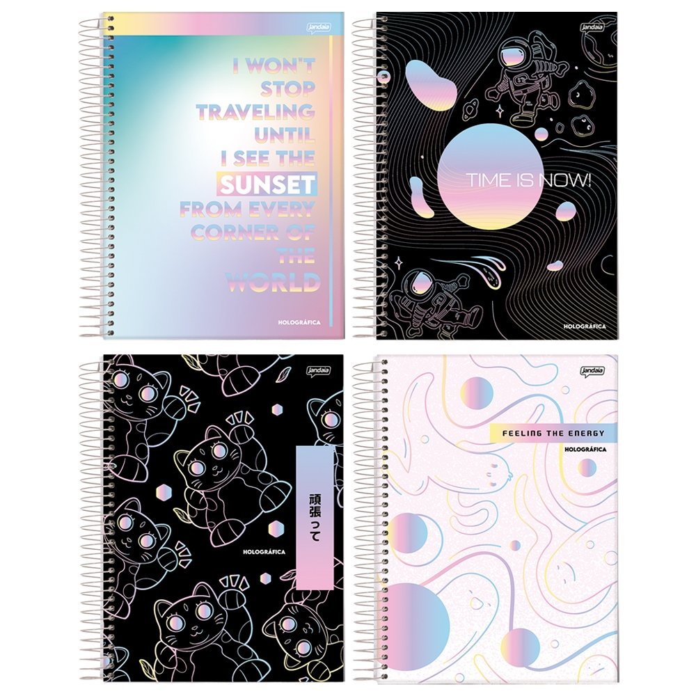 Caderno Espiral Jandaia Universitário Capa Dura Holográfica 1 Matéria 80 Folhas Embalagem com 4 Unidades