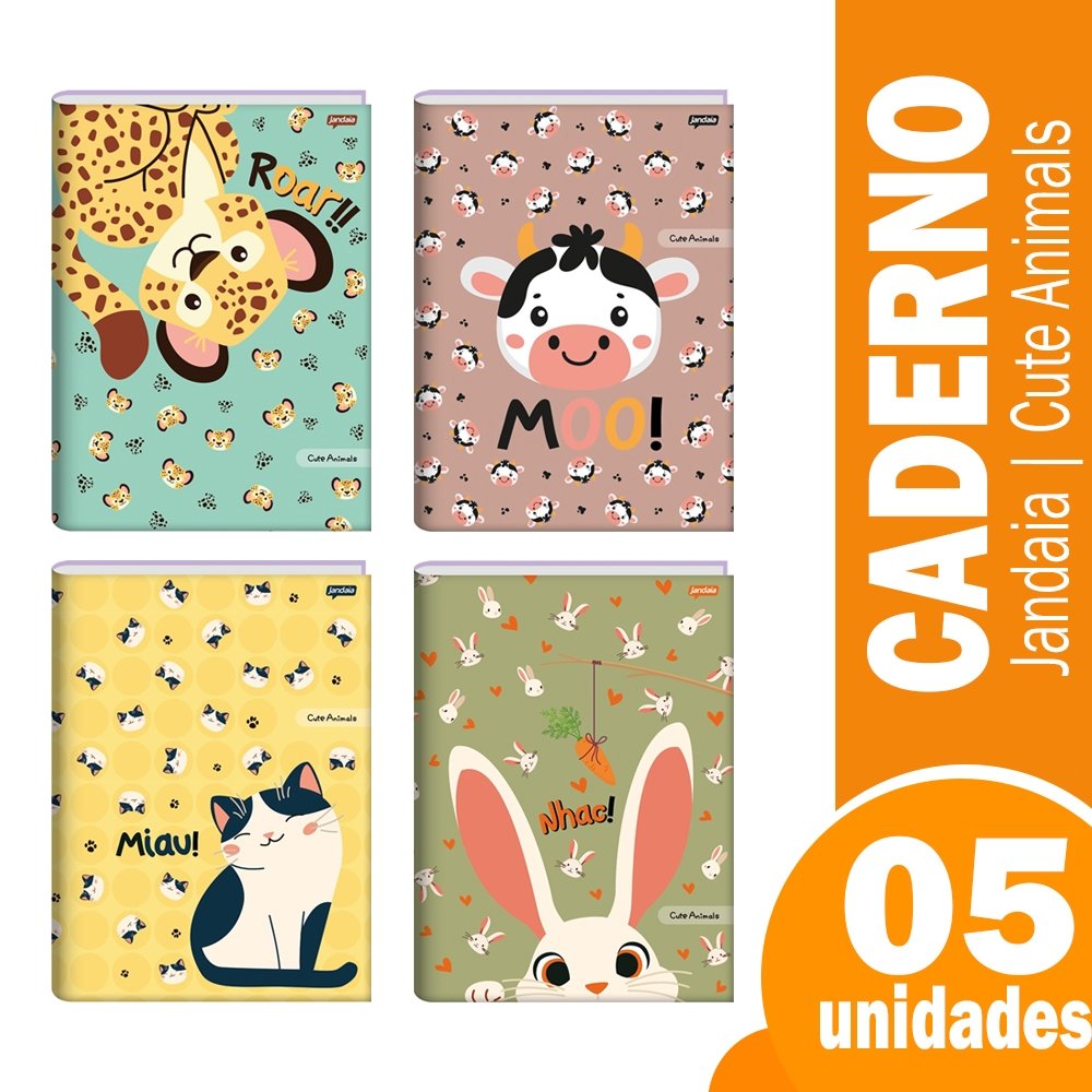 Caderno Costurado Jandaia Universitário Capa Dura Cute Animals 80 Folhas Embalagem com 5 Unidades