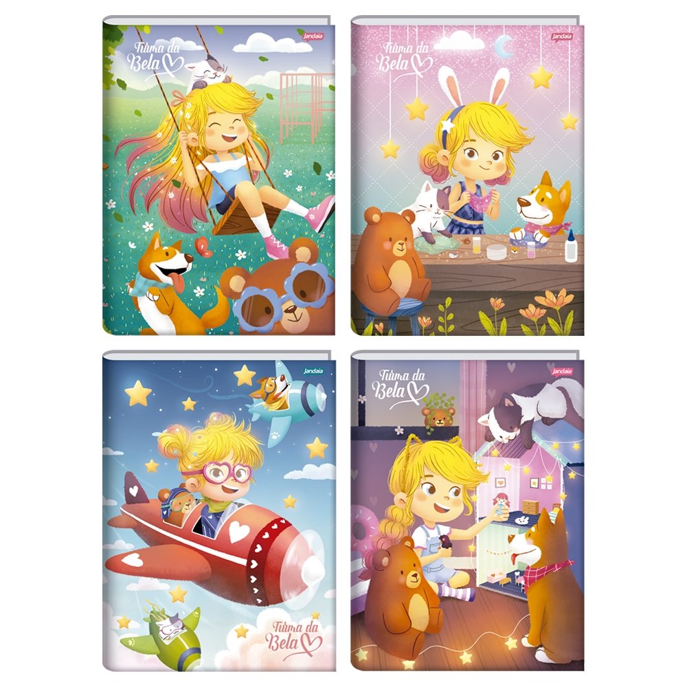 Caderno Costurado 1/4 Jandaia Capa Dura Turma da Bela 80 Folhas Embalagem com 5 Unidades