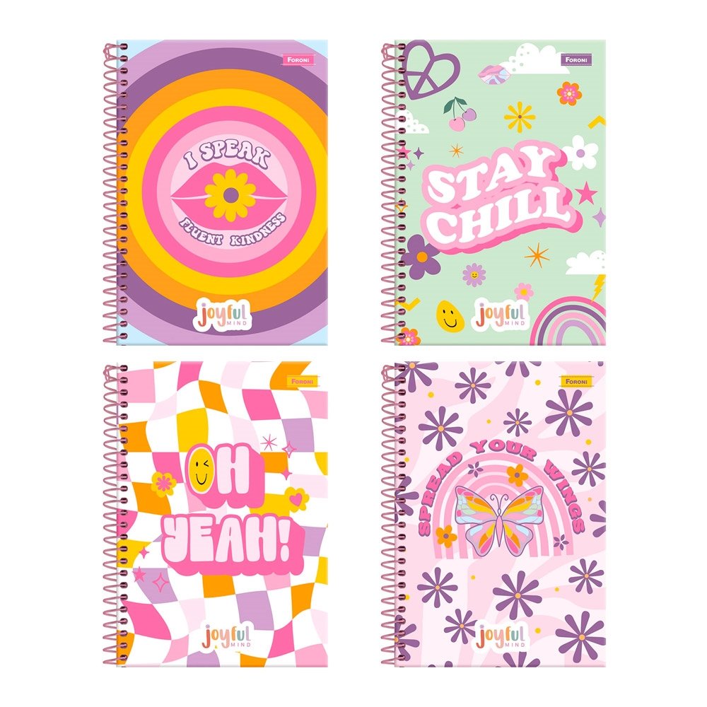 Caderno Espiral Foroni 1/4 Capa Dura Joyfull 80 Folhas - Embalagem com 5 Unidades
