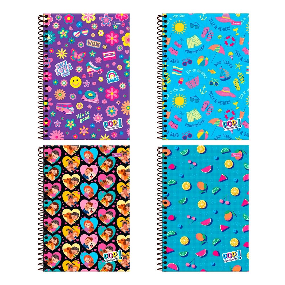 Caderno Espiral Foroni 1/4 Capa Dura Pop Collection 80 Folhas - Embalagem com 5 Unidades