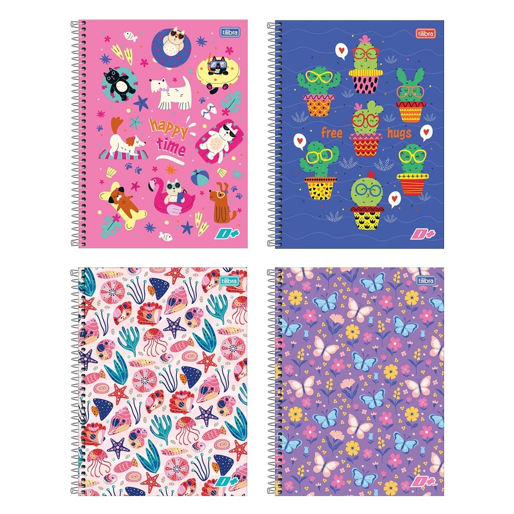 Caderno Espiral Tilibra Colegial - Capa Dura 10m D+ Feminino 200 Folhas - Embalagem com 4 Unidades