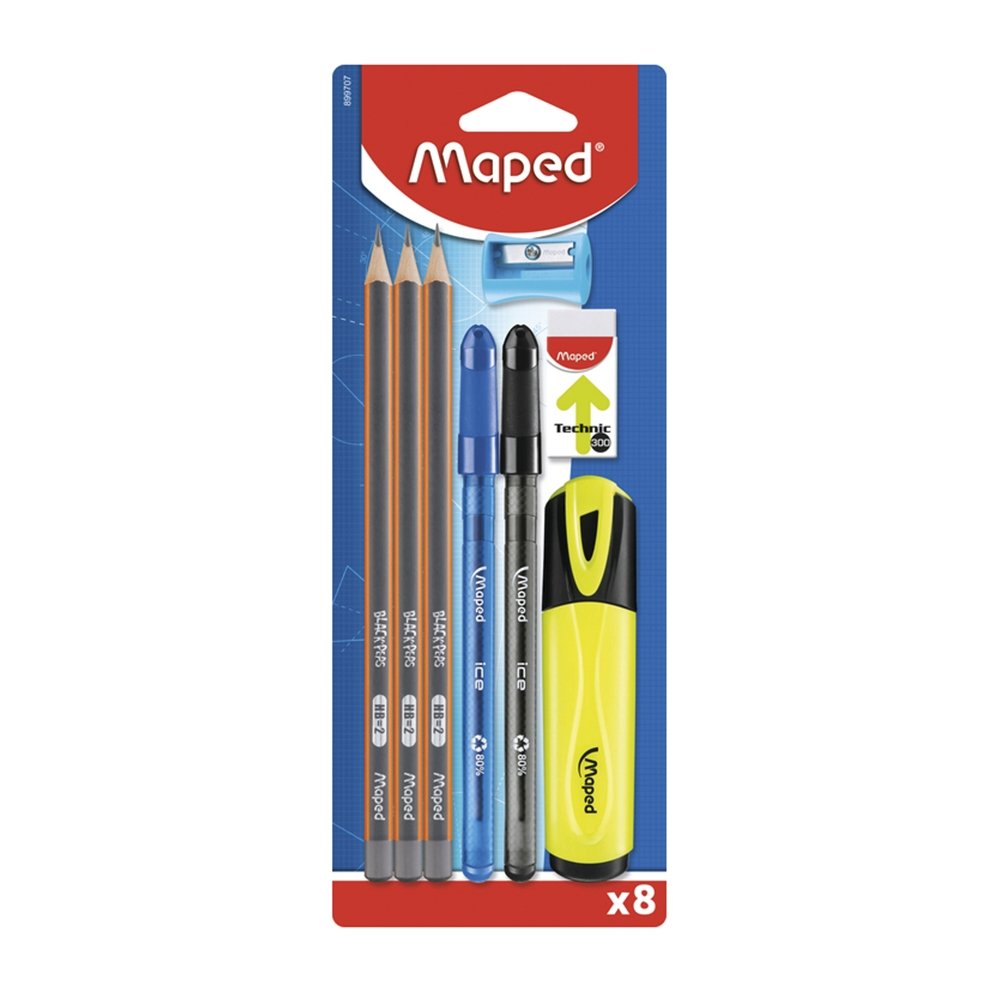 Conjunto Maped - 3 Lápis - 2 Canetas - 1 Borracha - 1 Marca Texto - 1 Apontador