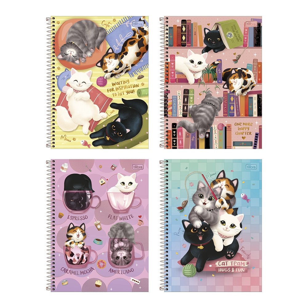Caderno Espiral Tilibra Universitário - Capa Dura Purrfect Cats 10 Matérias 160 Folhas - Embalagem com 4 Unidades