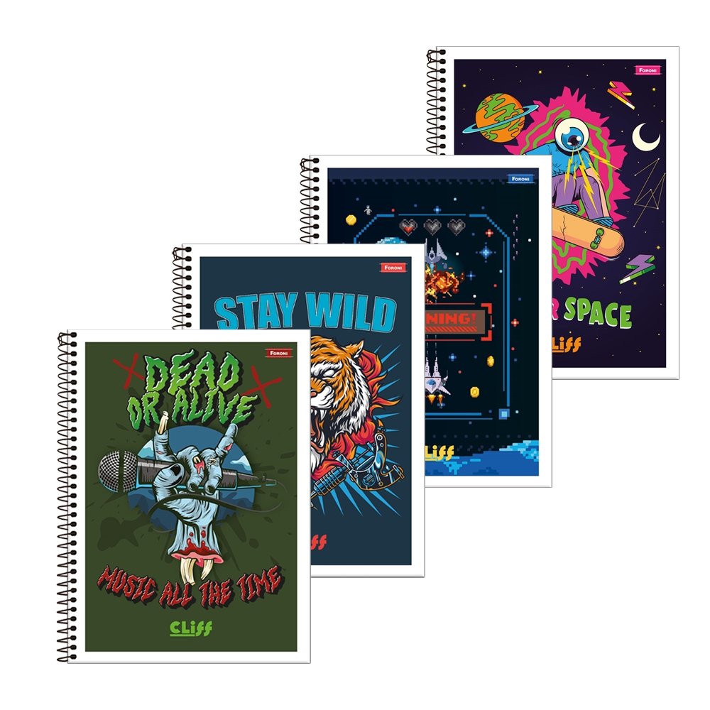 Caderno Espiral Foroni Universitário - Capa Flexível Cliff 10 Matérias 160 Folhas - Embalagem com 4 Unidades (Sortido)