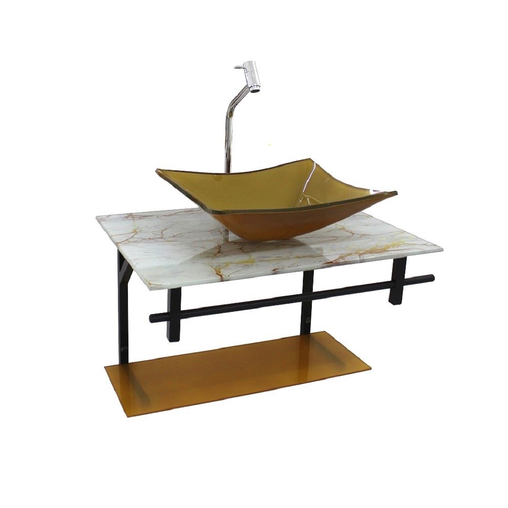 Gabinete de Vidro Para Banheiro 60cm AP Slim Mármore Branco Dourado C/ Cuba Retangular