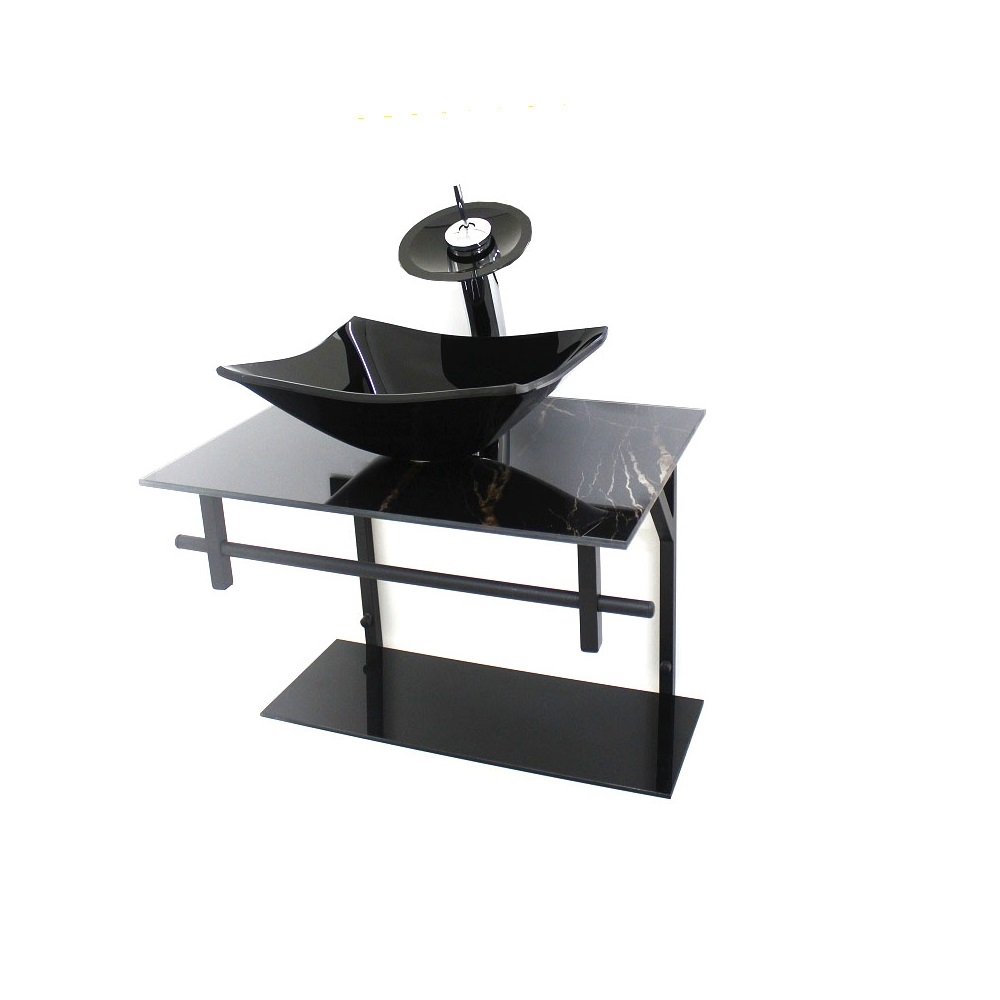 Gabinete de Vidro Para Banheiro 60cm AP Slim Mármore Preto C/ Cuba Retangular