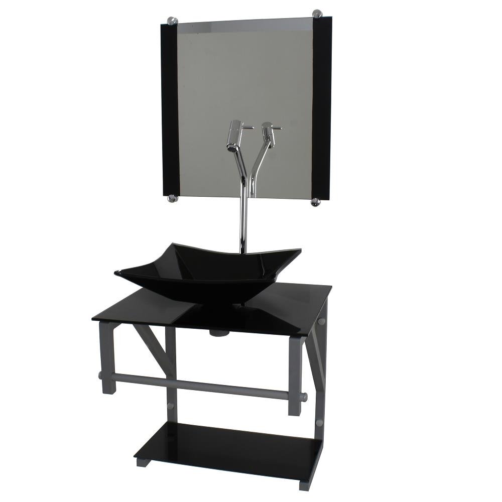 Gabinete de Vidro Para Banheiro 40cm AC Slim Full Preto c/ Cuba Quadrada Mais Espelho