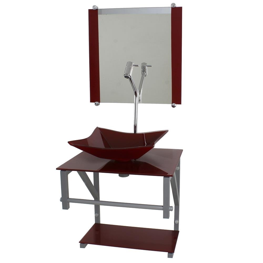 Gabinete de Vidro Para Banheiro 40cm AC Slim Full Vermelho Cereja c/ Cuba Quadrada Mais Es