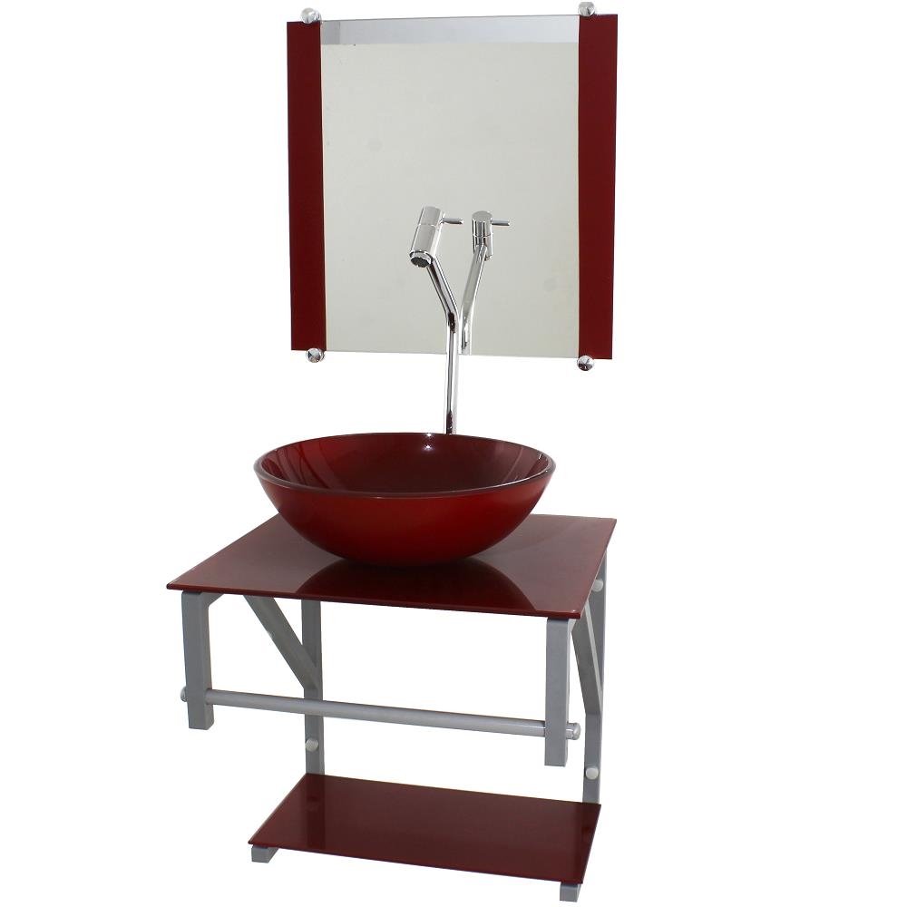 Gabinete de Vidro Para Banheiro 40cm AC Slim Full Vermelho Cereja c/ Cuba Redonda Mais Esp