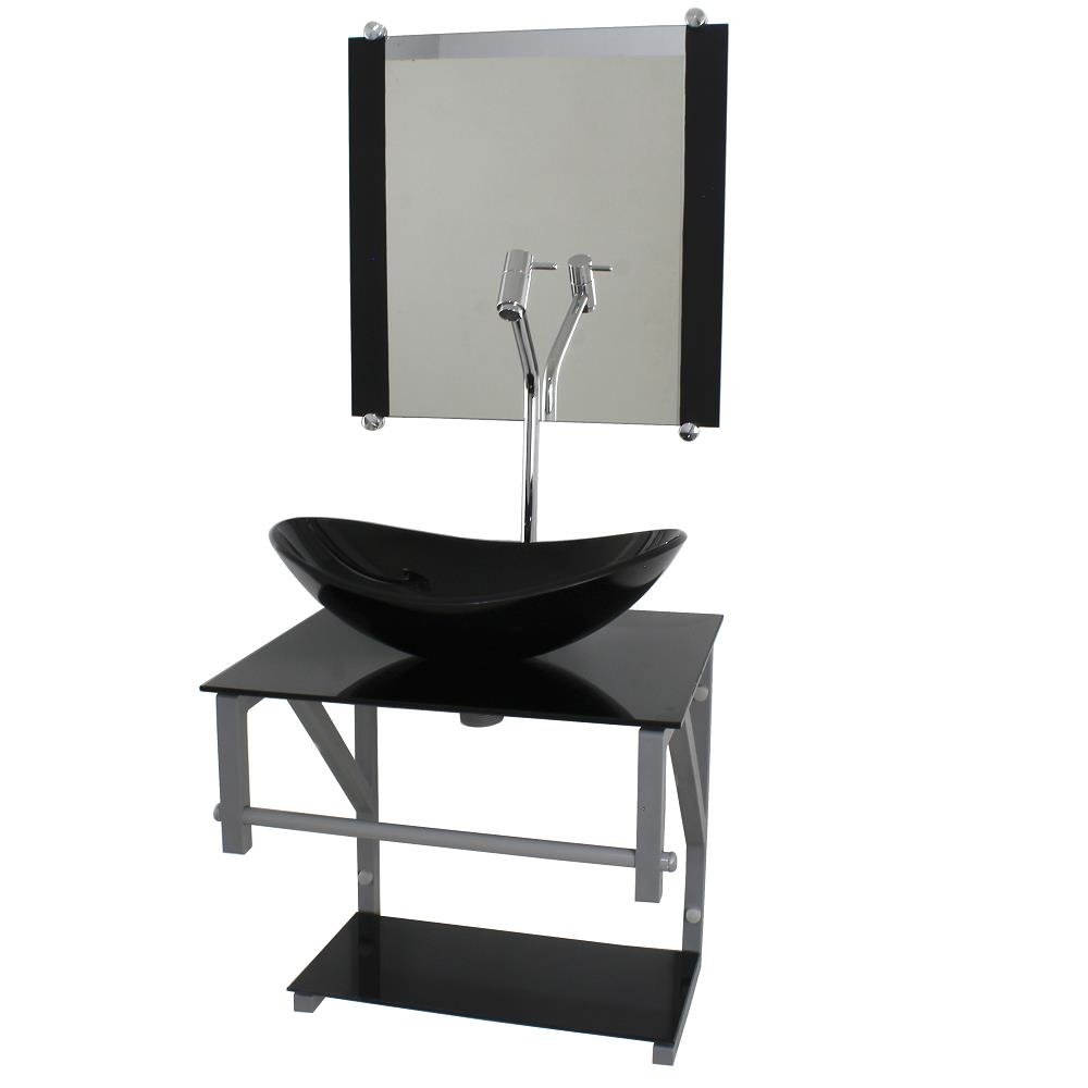 Gabinete de Vidro Para Banheiro 40cm AC Slim Full Preto c/ Cuba Oval Mais Espelho