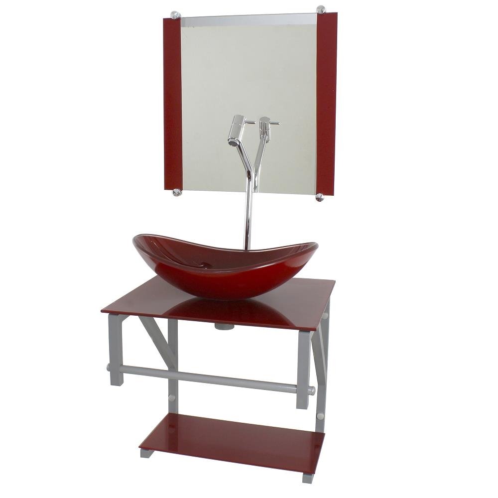 Gabinete de Vidro Para Banheiro 40cm AC Slim Full Vermelho Cereja c/ Cuba Oval Mais Espelh