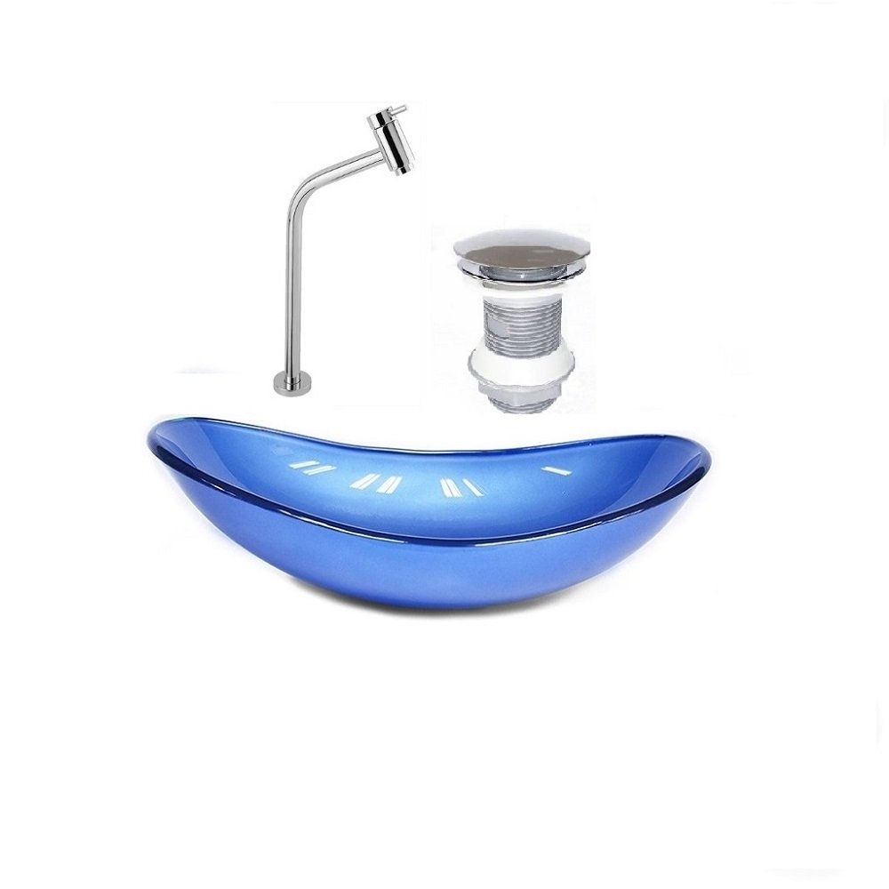 cuba de vidro oval 47cm azul escuro + válvula click + torneira de metal