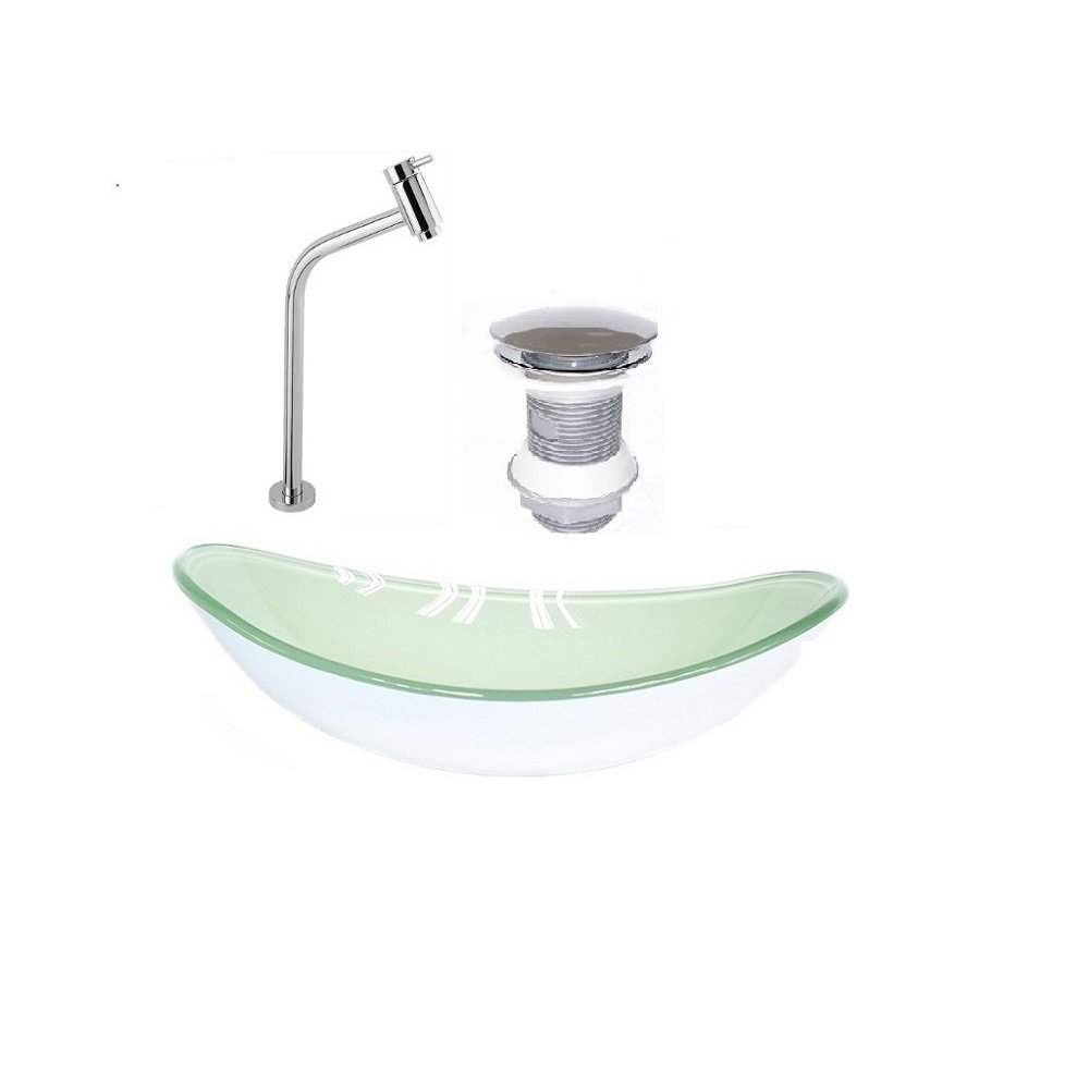 cuba de vidro oval 47cm branca + válvula click + torneira de metal
