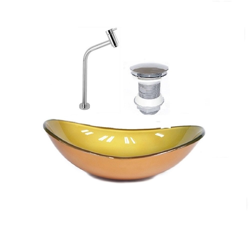 Cuba de vidro oval 47cm dourado real + válvula click + torneira de metal