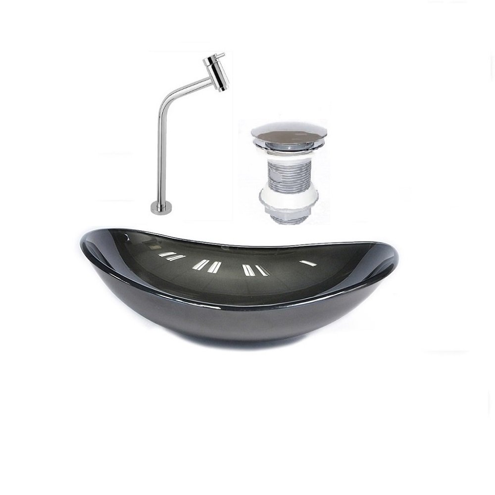 Cuba de vidro oval 47cm grafite + válvula click + torneira de metal